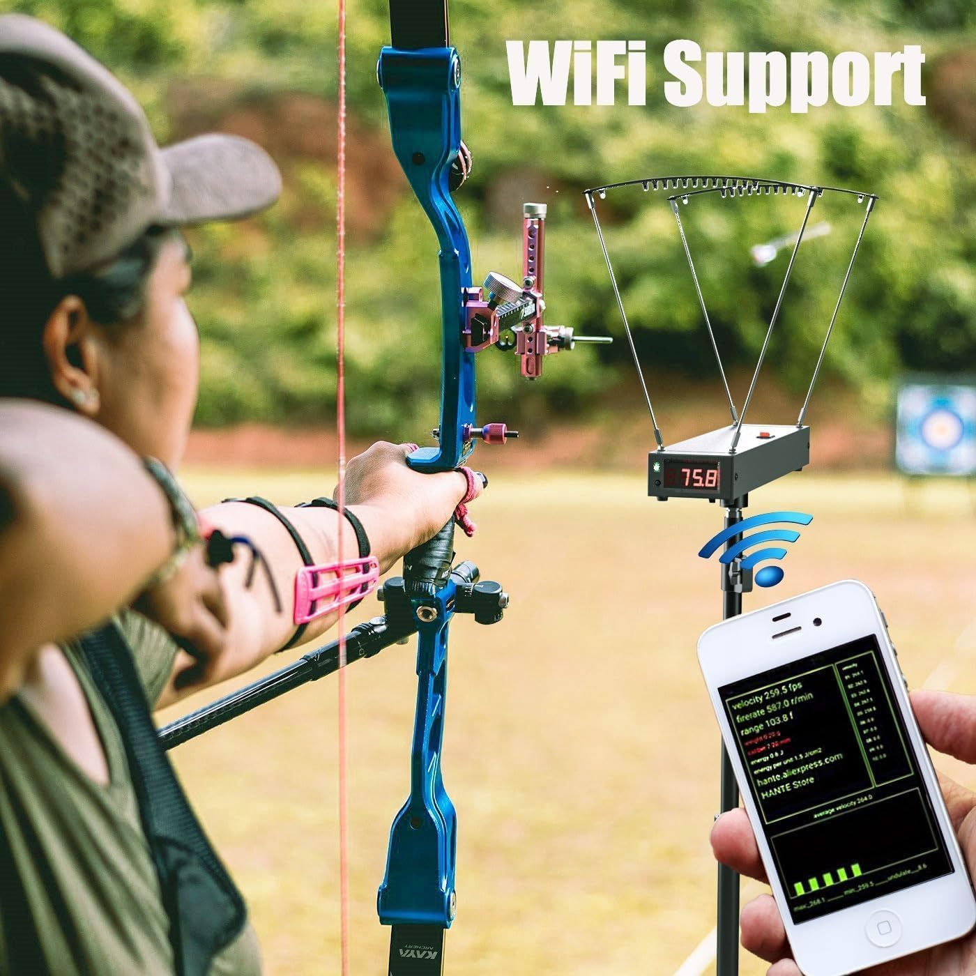 Chronographe balistique WiFi - Testeur de vitesse de tir pour fusil, lance-pierres, airsoft, tir à l'arc, paintball, mesure FPS, MPS, joules, portable, durable, grande zone de détection