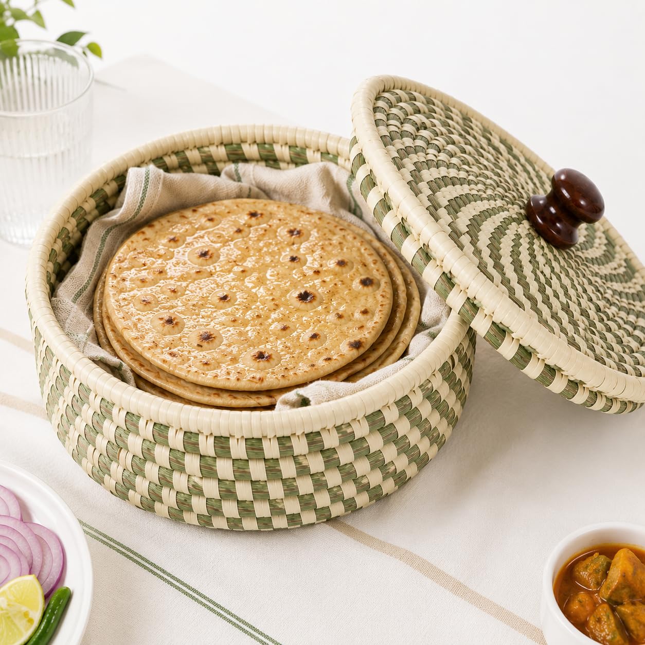 Prista Handmade Sabai Grass Chapati Box with Lid | Handwoven Roti/Paratha/Dry Fruits Storage Basket | Eco-Friendly Kitchen Decor and Utility Box | 21 x 10 cm
