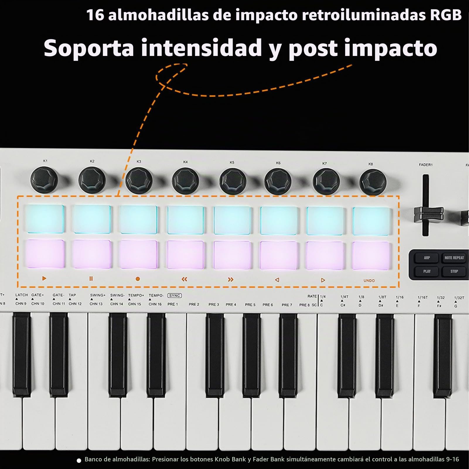 Btuty 37 Keys MIDI Keyboard Música Controlador de Producción de Música MIDI con 16 RGB TOMPLES 8 BOTONES 4 Reguladores Syntesizador Incorporado para Producción Musical en Camino