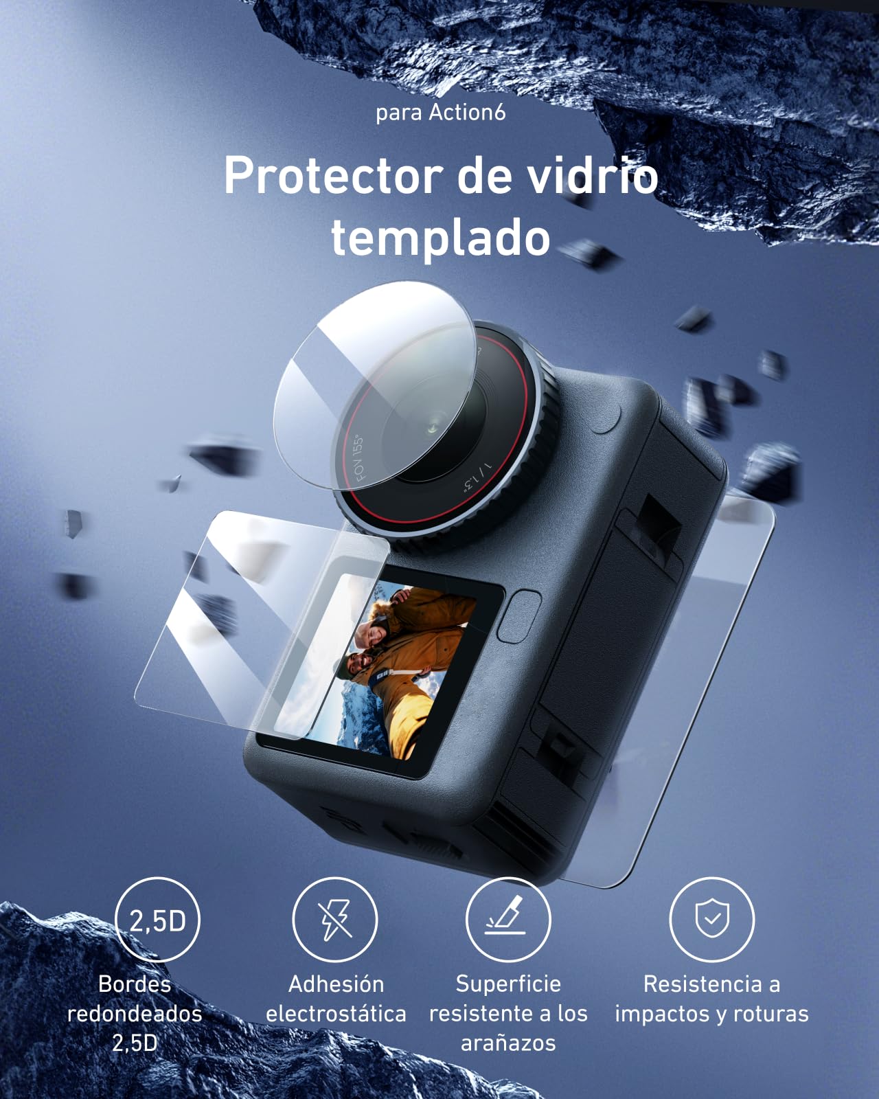 TELESIN Protector de pantalla de cristal templado para DJI Osmo Action 6 (2 juegos), protector de pantalla de cristal templado para DJI Osmo Action 6 Accesorios, dureza 9H, antiarañazos y antihuellas
