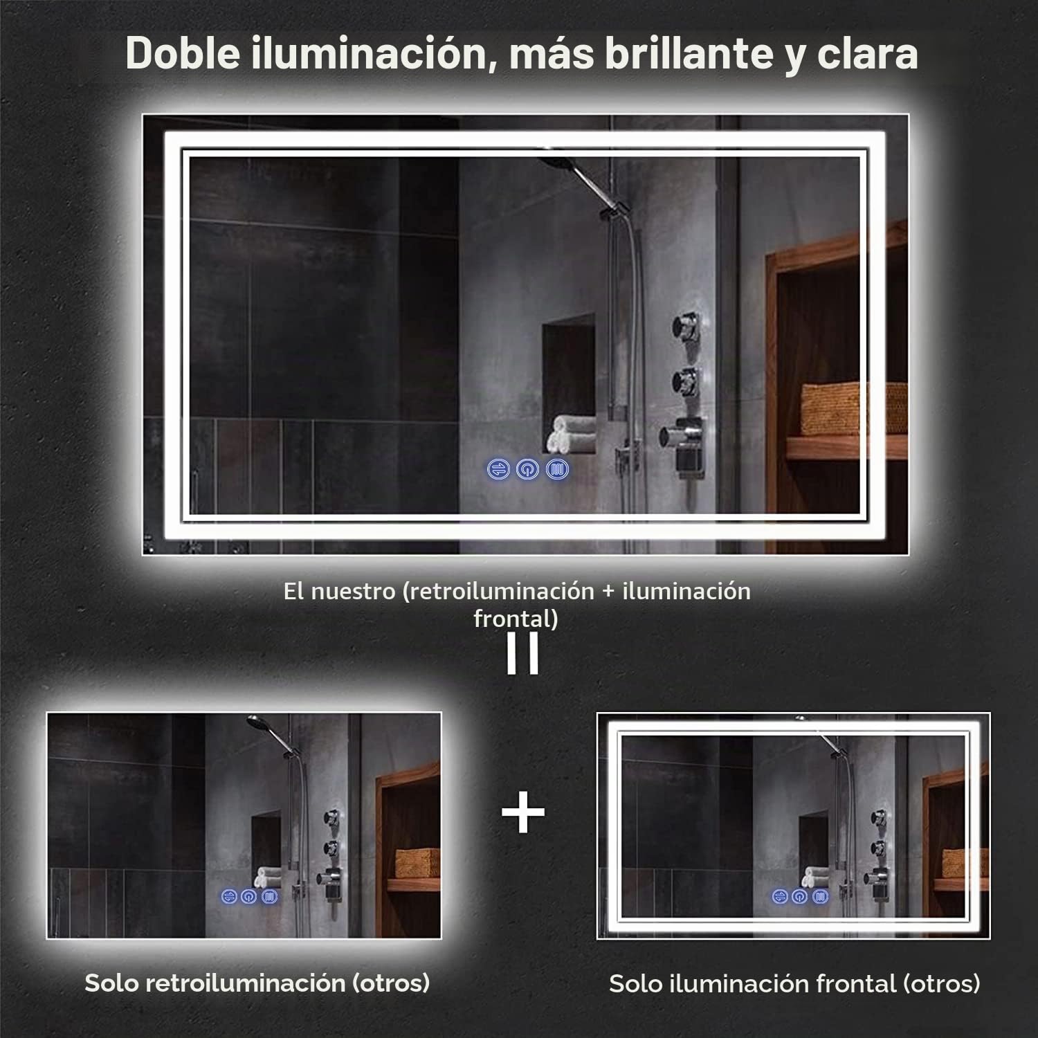 Espejo Baño con Luz LED 120x70cm,Espejos de Baño con LED,Memoria y Cristal Templado HD,Espejo Digital Antivaho con Regulación de Brillo Instalación Horizontal/Vertical