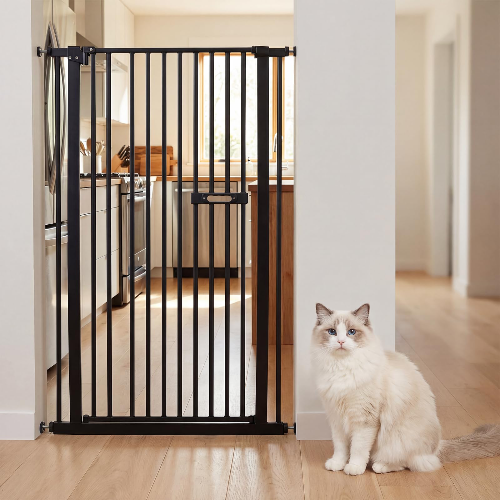 Cancello extra alto per cani e gatti, Porta per Animali 150 cm, in metallo, larghezza 75-85 cm, porta a doppio effetto, chiusura automatica, senza foratura, Adatto per corridoi/salotti(nero