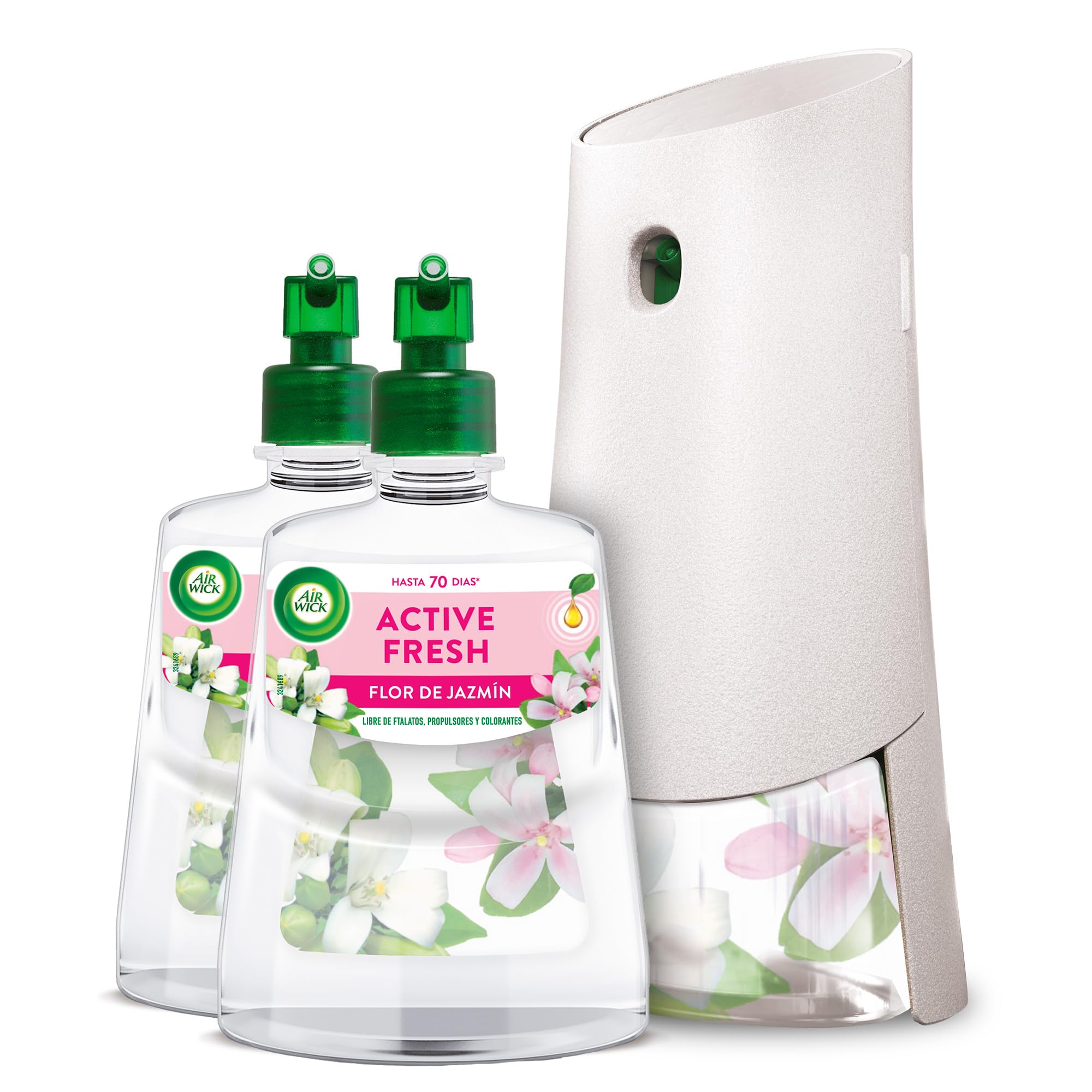 Air Wick Spray Automático Sin Aerosol, Ambientador Hogar Fragancia Flor de Jazmín, 1 Aparato, 2 Recambios, 24 x 7 Active Fresh Neutralizador de Olores, hasta 70 Días de Frescor
