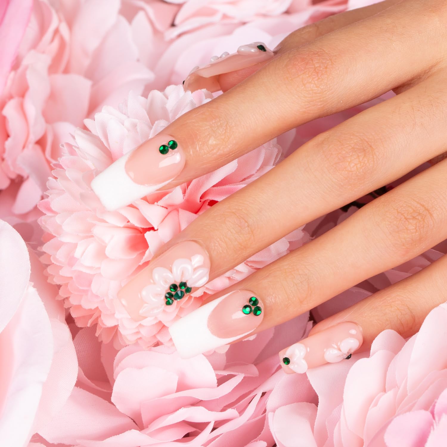 LOVFUL Press on Nails Floral French Tip Round | Handmade with Full Covered Crystals | Reusable Fake Nails | Square Regular 1.0 in | H70-M