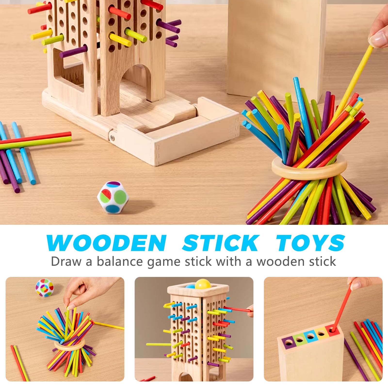 SiumPklay Wooden Montessori Sorting Game for Kids Jenga-Style Operation Board Game with 40 Sticks, 6 Balls & Dice - Image 3