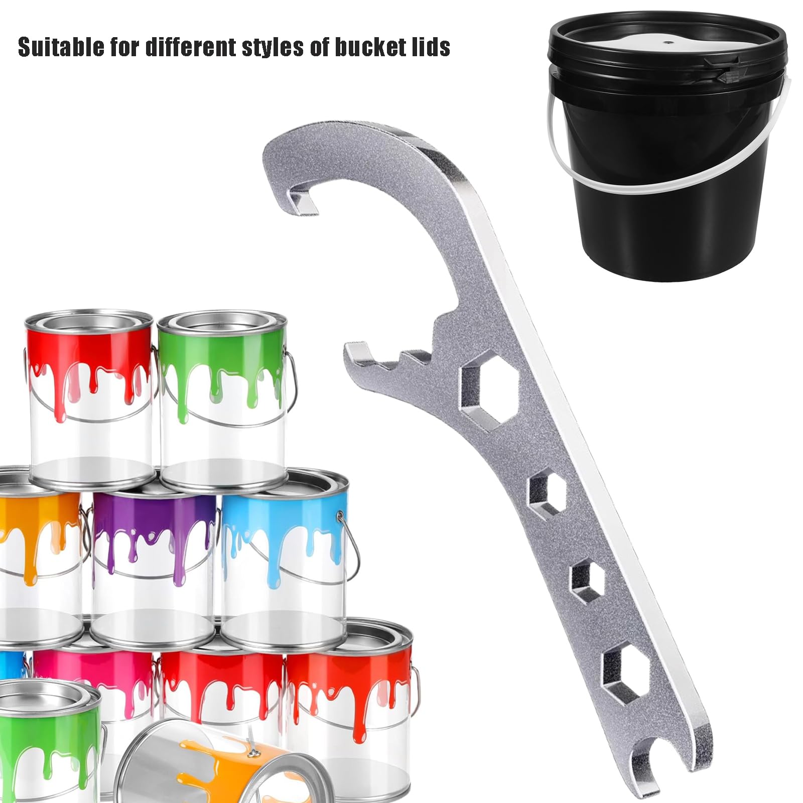 Abrelatas de pintura para abridor de cubos, llave de abridor de tapa de 5 galones, herramienta de extracción de tapas de metal, abridor de latas multifuncional portátil para uso industrial en el hogar 5