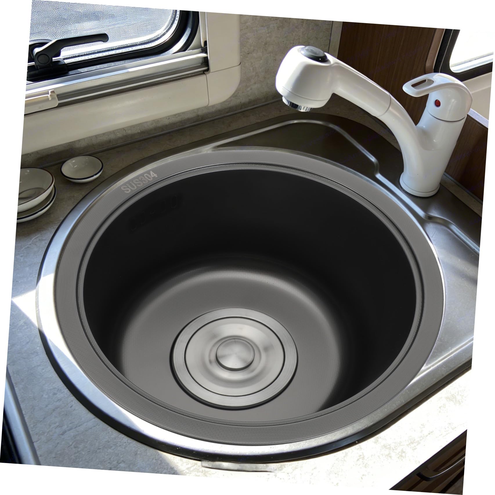 SHINEOFI Fregadero Tamaño 30x28x17 Cm Mini Redondo de Acero Inoxidable 304 con Kit de Desagüe y Doble Instalación para Cocina de Bar y Camper