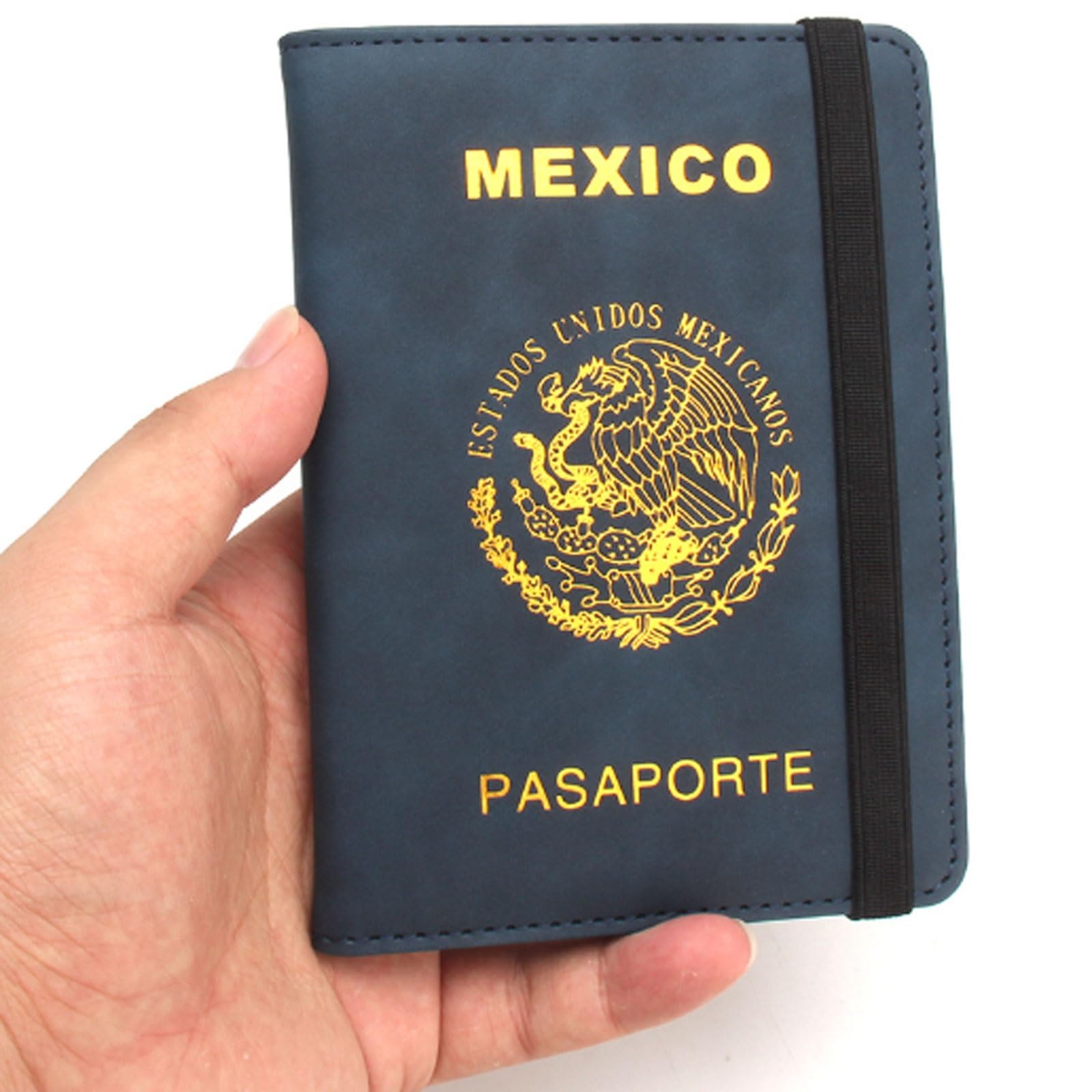 Porta passaporto messicano con fascia elastica multi-card slot anti-magnetico libro biglietto sottile portafoglio da viaggio design compatto, nero, One Size, Stile unico
