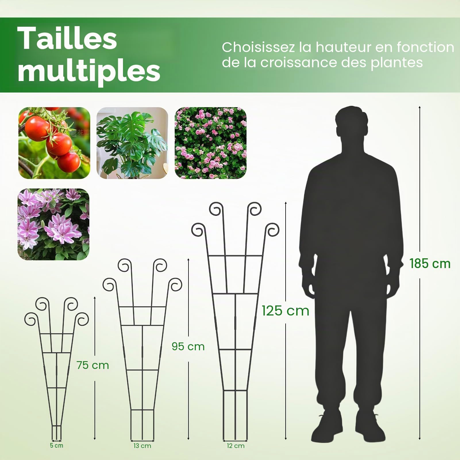 Lot de 4 treillis de 125 cm pour plantes grimpantes, tuteur en métal pour plantes d'intérieur | Treillis de jardin intérieur et extérieur pour légumes, roses et fleurs