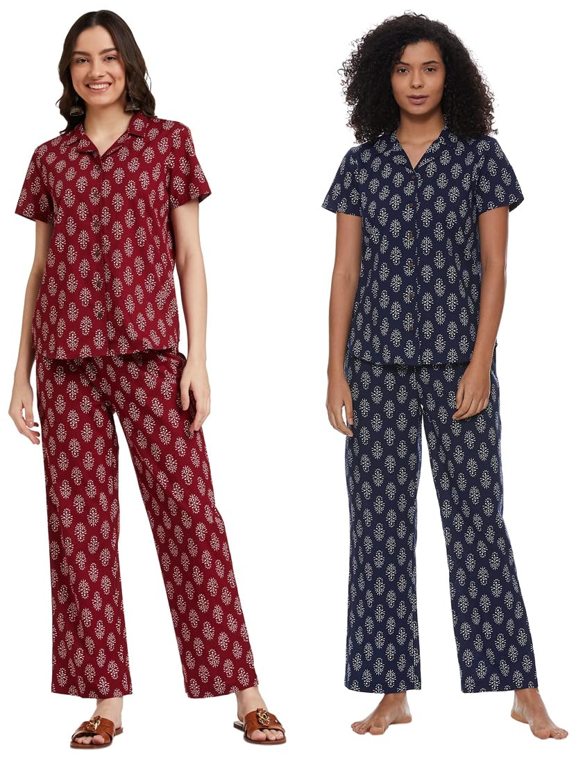 amazon brand - myx Women's Cotton All Over Print Night Suit Set Pack of 1 (AUR-SLP-04_Maroon_M Medium) Women's Cotton Sleepwear Night Suit Set (AUR-SLP-04_Navy_M Medium)-picture-49