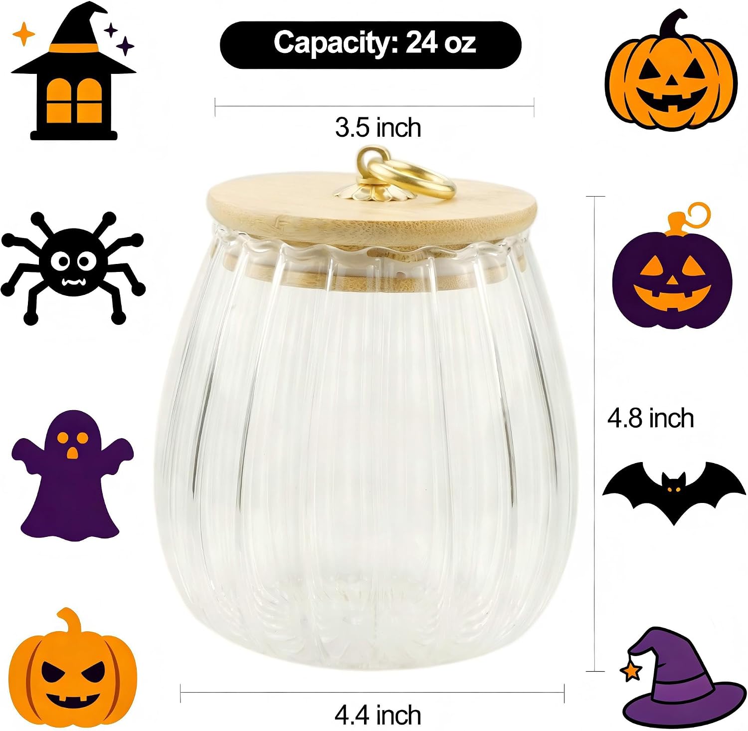 Halloween Cookie Candy Jar Clear Glass Jar Coffee Canister, Sugar Container with Airtight Bamboo Lid, 23 FL OZ Small Size Kitchen Food Storage Container for Flour, Pasta, Cereal, Beans, Spice, Oval