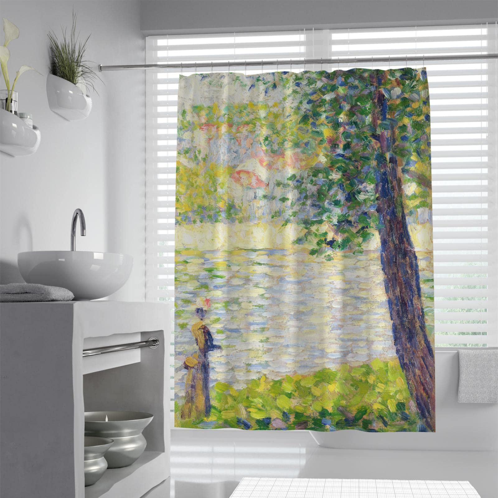 Grüne abstrakte Flussuferlandschaft Duschvorhang-Sets Georges Seurat Kunst Badevorhänge Standardgröße Pflegeleichte Badvorhänge W78xL96in