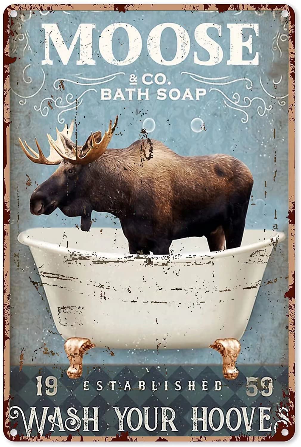 Tin Sign Moose Bath Wall Retro Tin Sign,Bathroom Decoration for Bars,Restaurants,Cafes and Bars,New Year,Metal Sign 8x12 Inches