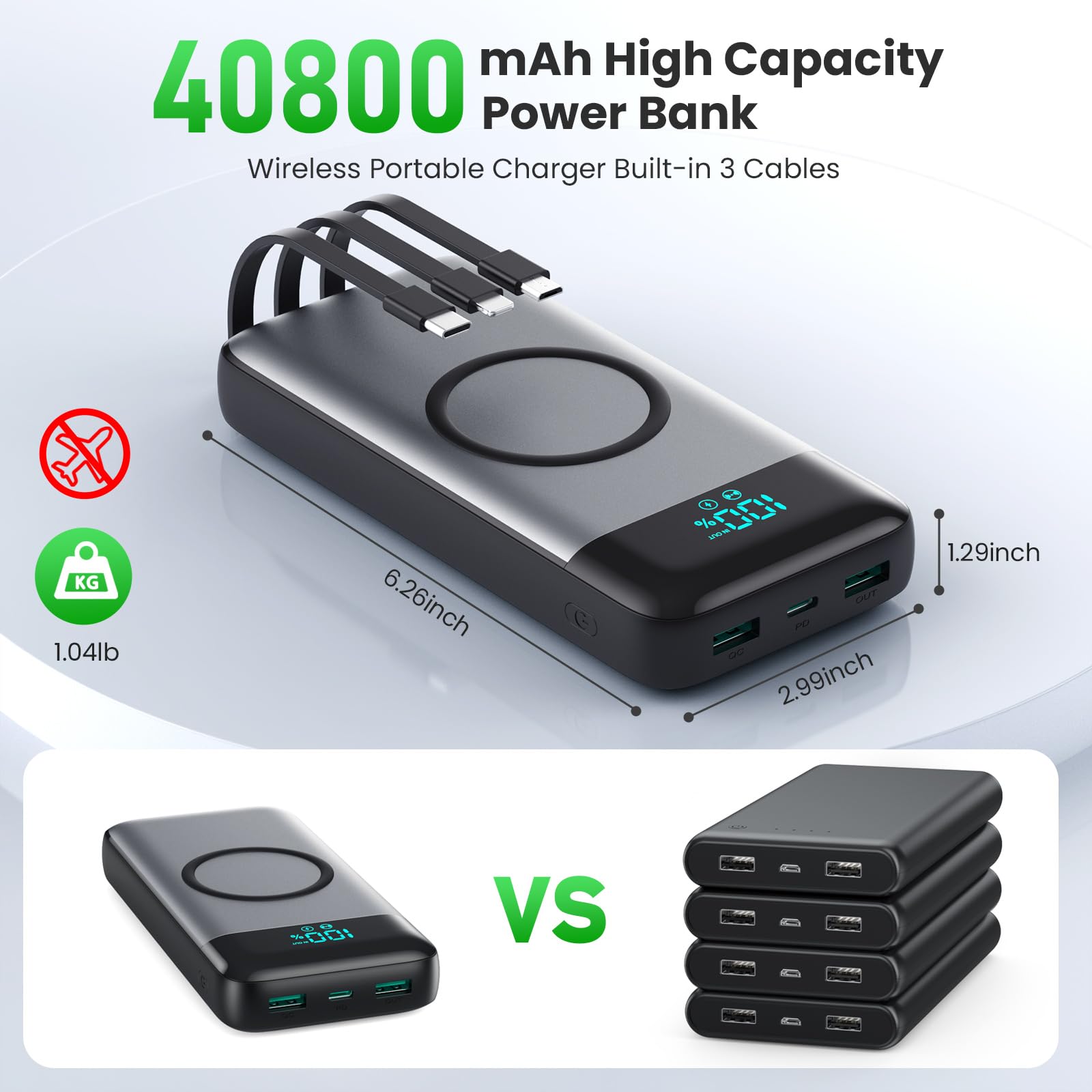 Cargador portátil inalámbrico de 40800 mAh para iPhone con 3 cables integrados, carga inalámbrica 7 en 1 de 15 W, cargador USB C, pantalla LCD de 25 W PD QC 4.0, batería de carga rápida para iPhone 16