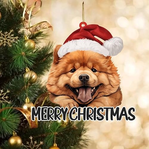 Miniatura 7 de Chow Chow - Adornos para perro, hijo o hija, árbol de Navidad, regalos colgantes para perro en sombrero de Papá Noel, adorno 2D, recuerdo para árbol