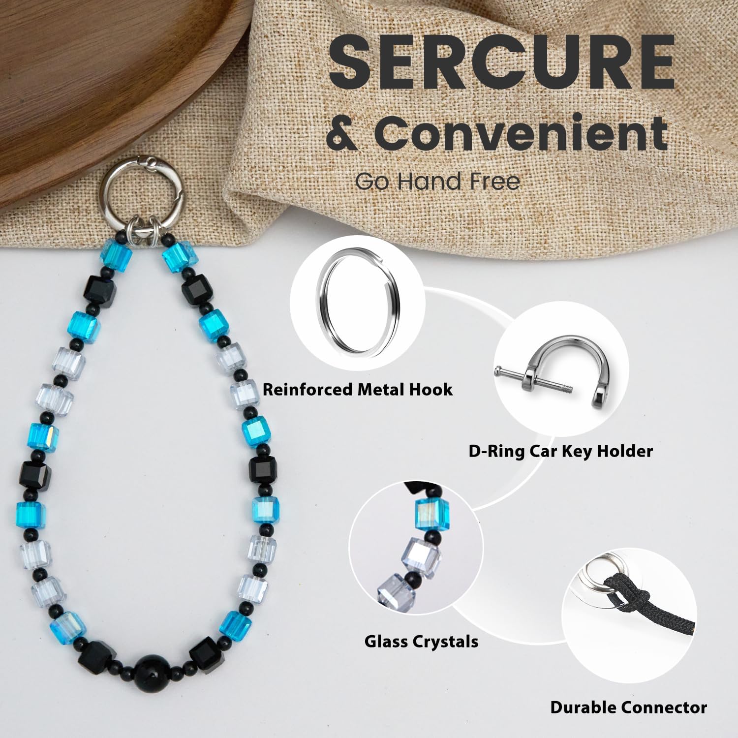 Phone Charm Strap, Sparkling Crystal Beaded Lanyard with Tether Tab &Metal Buckle for Cellphone, Wrist Keychain for Car Keys with D Ring for Women. - Image 3