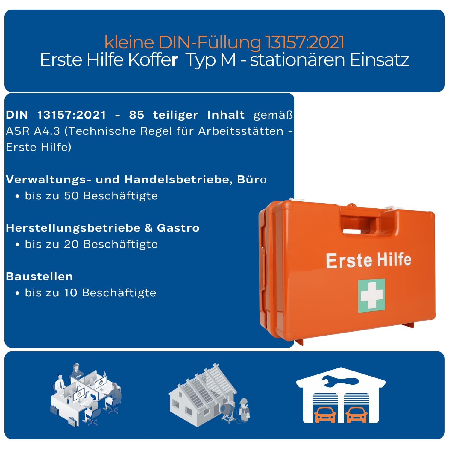 First Aid Products Erste Hilfe Koffer MEDIUM – inkl. DIN 13157:2021 Füllung – orange, ABS-Kunststoff, bruchsicher – Wandhalterung & Schrauben – öffentliche Einrichtungen, Betrieb, Bau & Privat