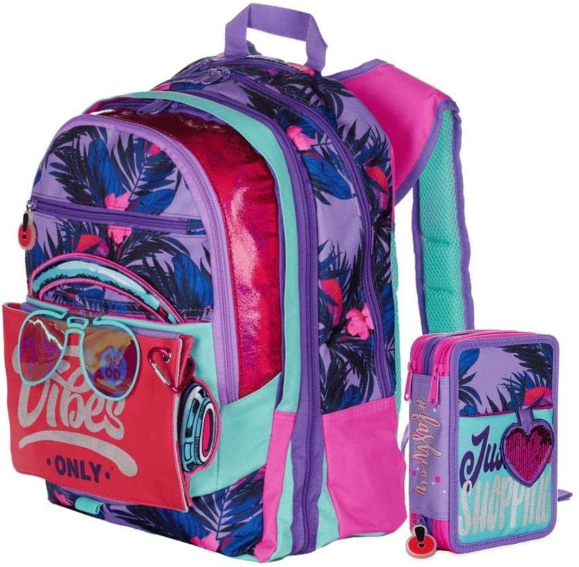 Scuola Zaino FASHION estensibile GIOCHI PREZIOSI con pop-up + astuccio zip 3 piani completo + omaggio portachiave con paillettes + omaggio 10 penne colorate + segnalibro