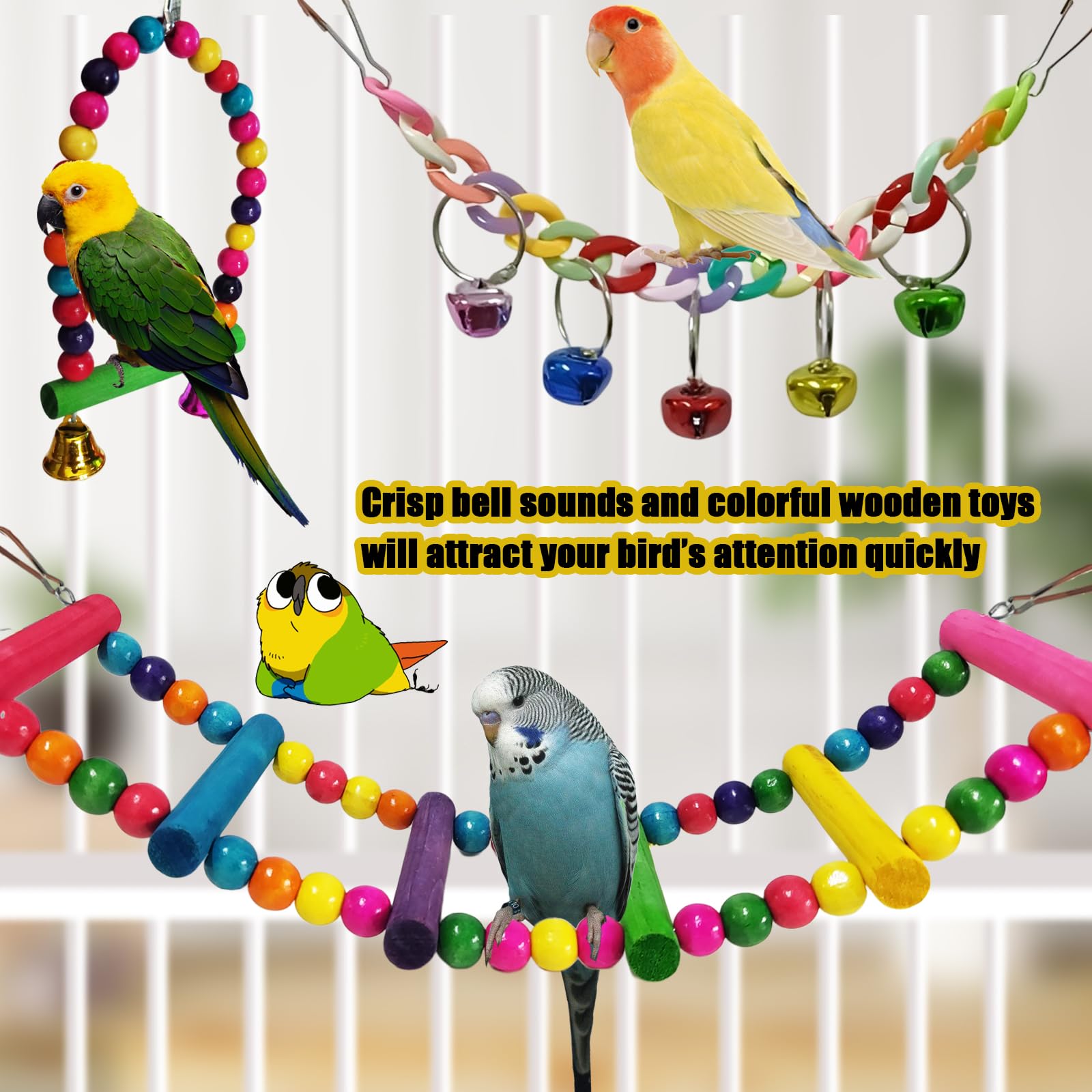Parakeet Toys,7 Pcs Colorful Bird Toys for Parakeets,Pet Bird Cage Hammock Swing Climbing Ladders Chewing Toy Mirror Hanging Bell Wooden Perch for Budgerigar,Conures, Love Birds,etc