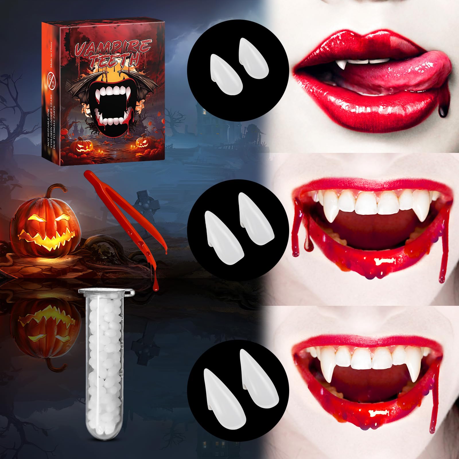 Vampire Teeth Fangs - 3 Pairs Fangs for Cosplay, Halloween Vampire Accessories Party Favors Prop Decoration Werewolf Fake Teeth Fangs Vampire Costume Makeup for Kids/Adults