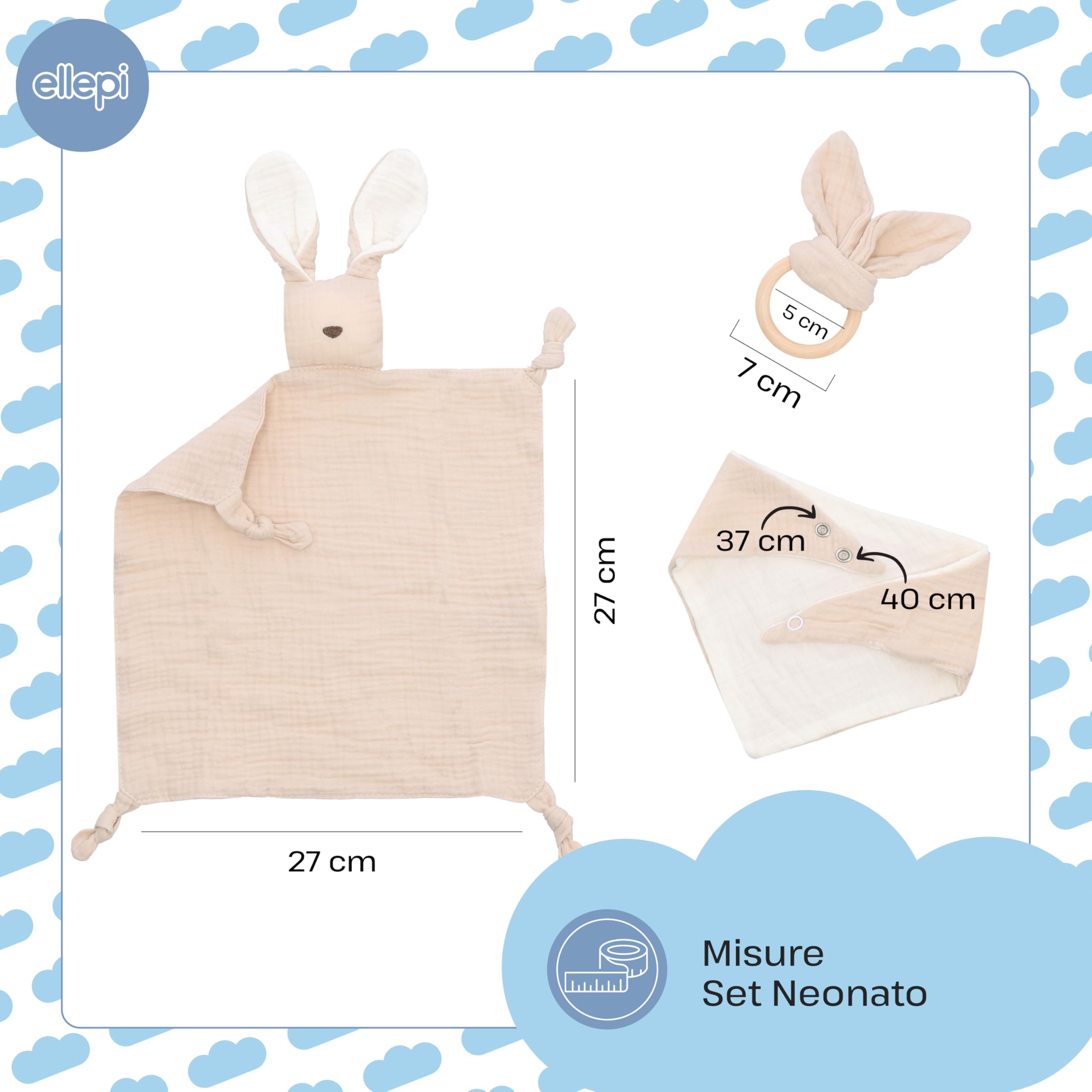Ellepi Doudou Neonato Set Regalo Nascita Bio - Set Completo con Doudou, Bavaglino e Massaggia Gengive in Cotone Biologico per Neonati 0-3 Mesi (Rosa)