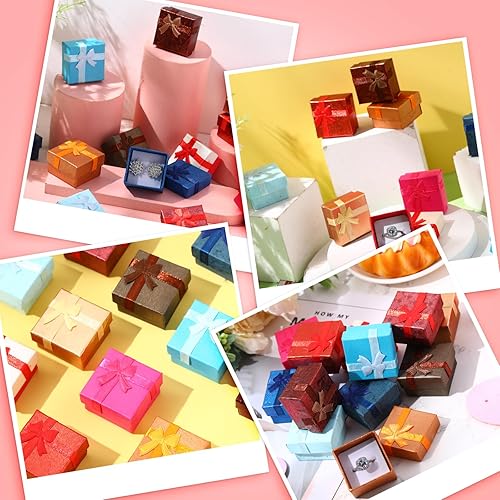 Miniatura 7 de Yinkin Juego de 120 cajas de regalo de anillo de cartón con lazo cuadrado de colores surtidos, caja de regalo pequeña dura para aretes, caja de