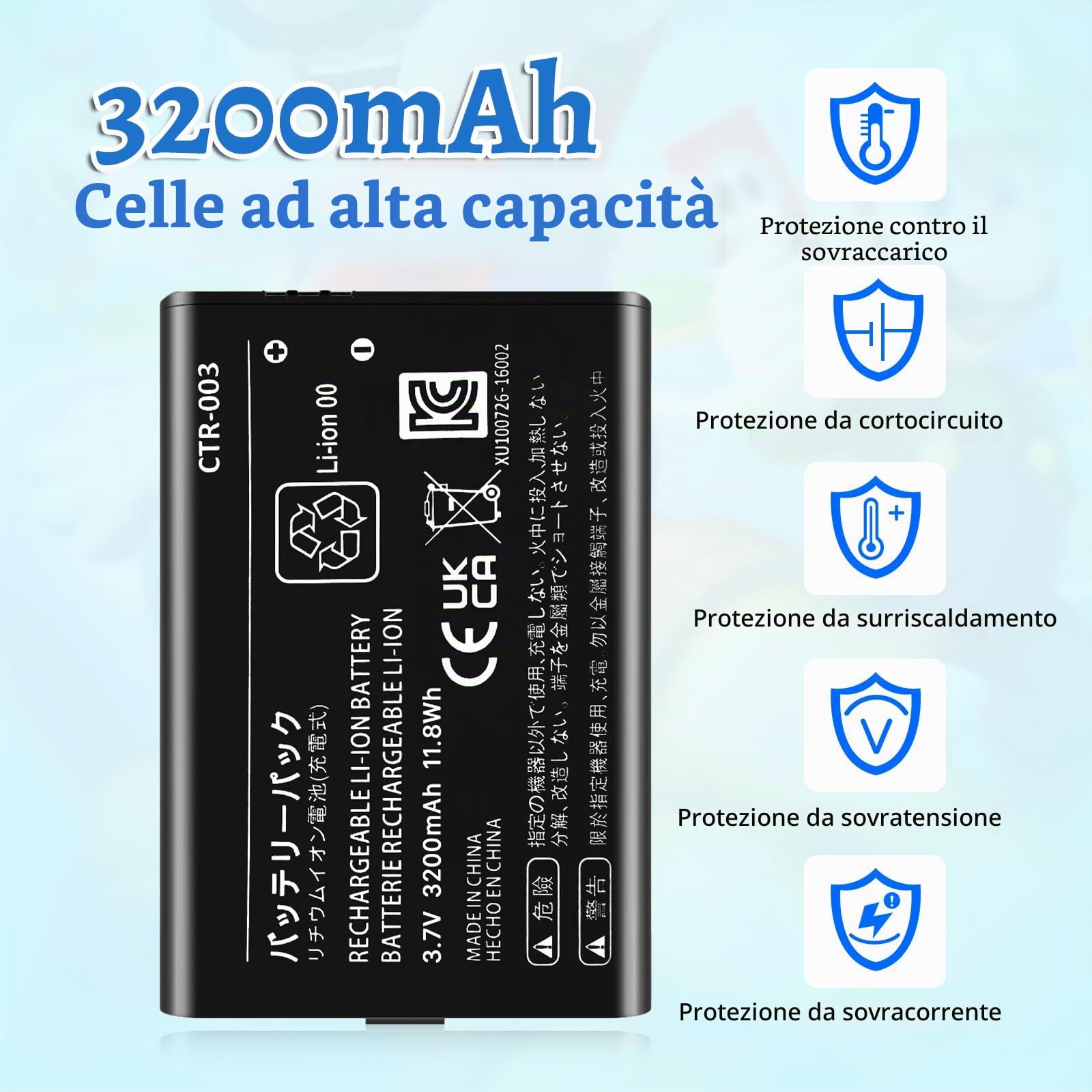 3DS - Batteria sostitutiva CTR-003, 3200 mAh, compatibile con Nintendo 3DS N3DS CTR-001 MIN-CTR-001 con kit di attrezzi (non per New 3DS, 3DS XL)
