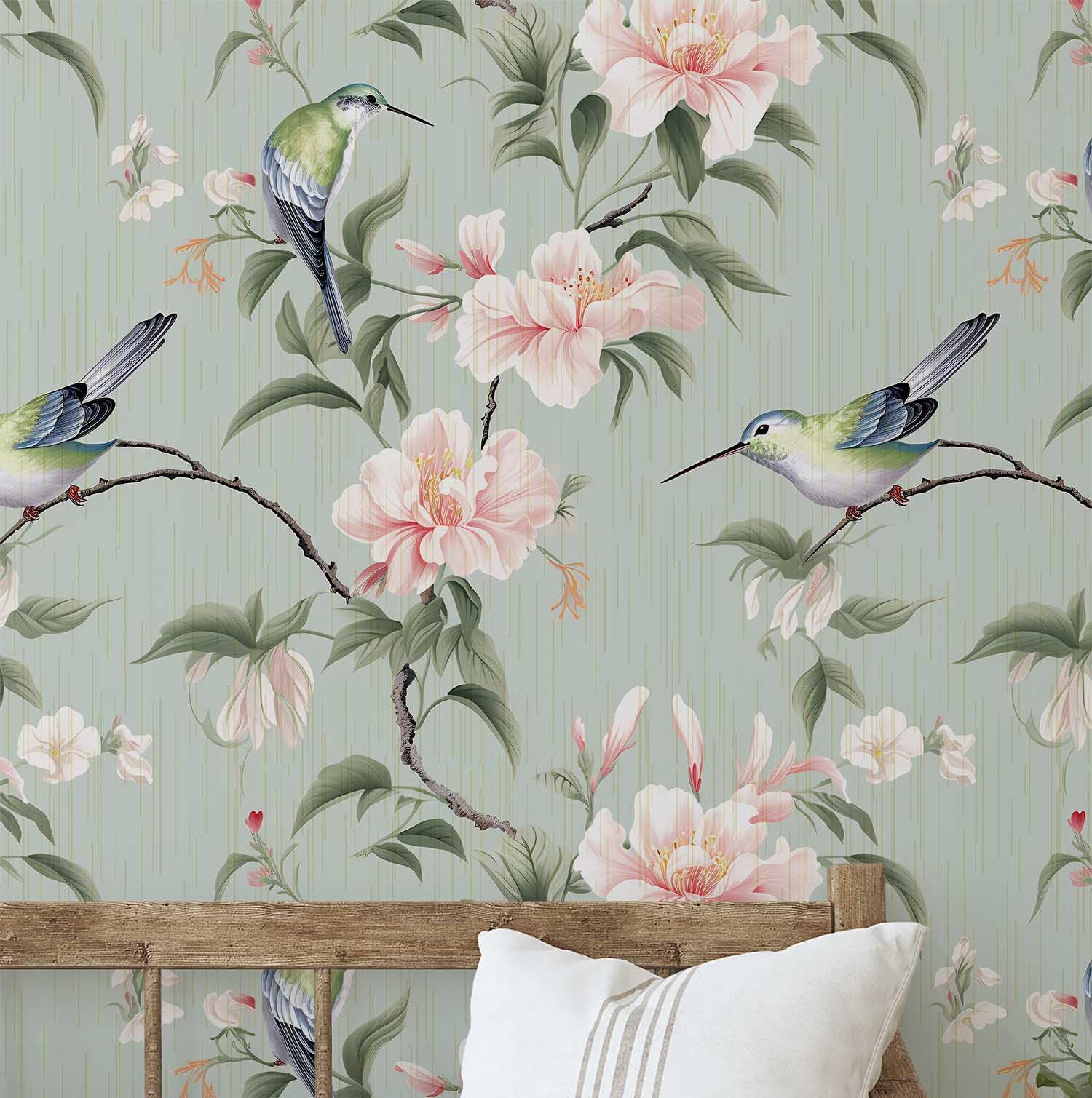 Papier peint vinyle autocollant fleurs et oiseaux bleu 25x60