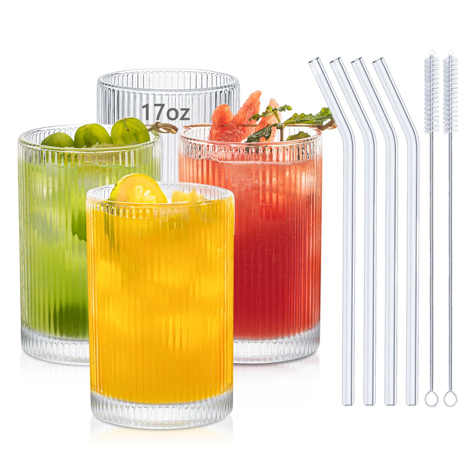INSETLAN Ribbed Glass Cups - Set of 4 -1 INSETLAN Ribbed Glass Cups - Set of 4 -1