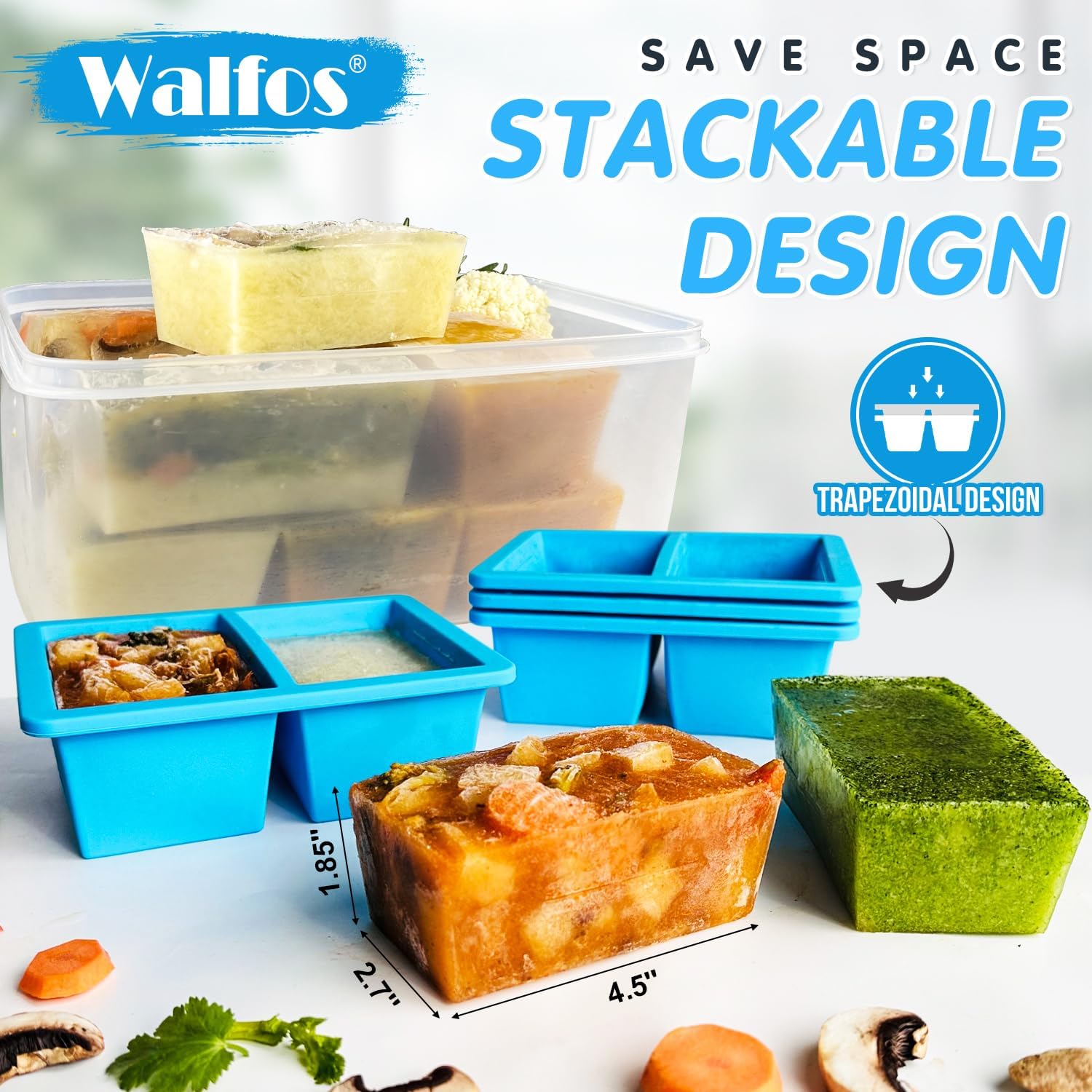 Walfos Silikon-Gefrierfach mit Deckel, Suppen-Gefrierformen, 4 Packungen, Behälter und Zange, BPA-freier Silikon-Gefrierbehälter, perfekt zum Aufbewahren und Einfrieren von Suppe, Brühe, Soße, mit 12