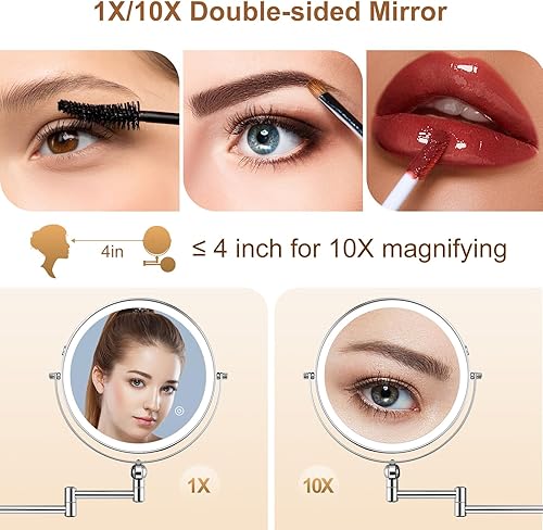 Miniatura 10 de Espejo de maquillaje iluminado, espejo de aumento iluminado 1X10X, espejo de maquillaje giratorio 360 con luces y aumento, espejo de maquillaje de