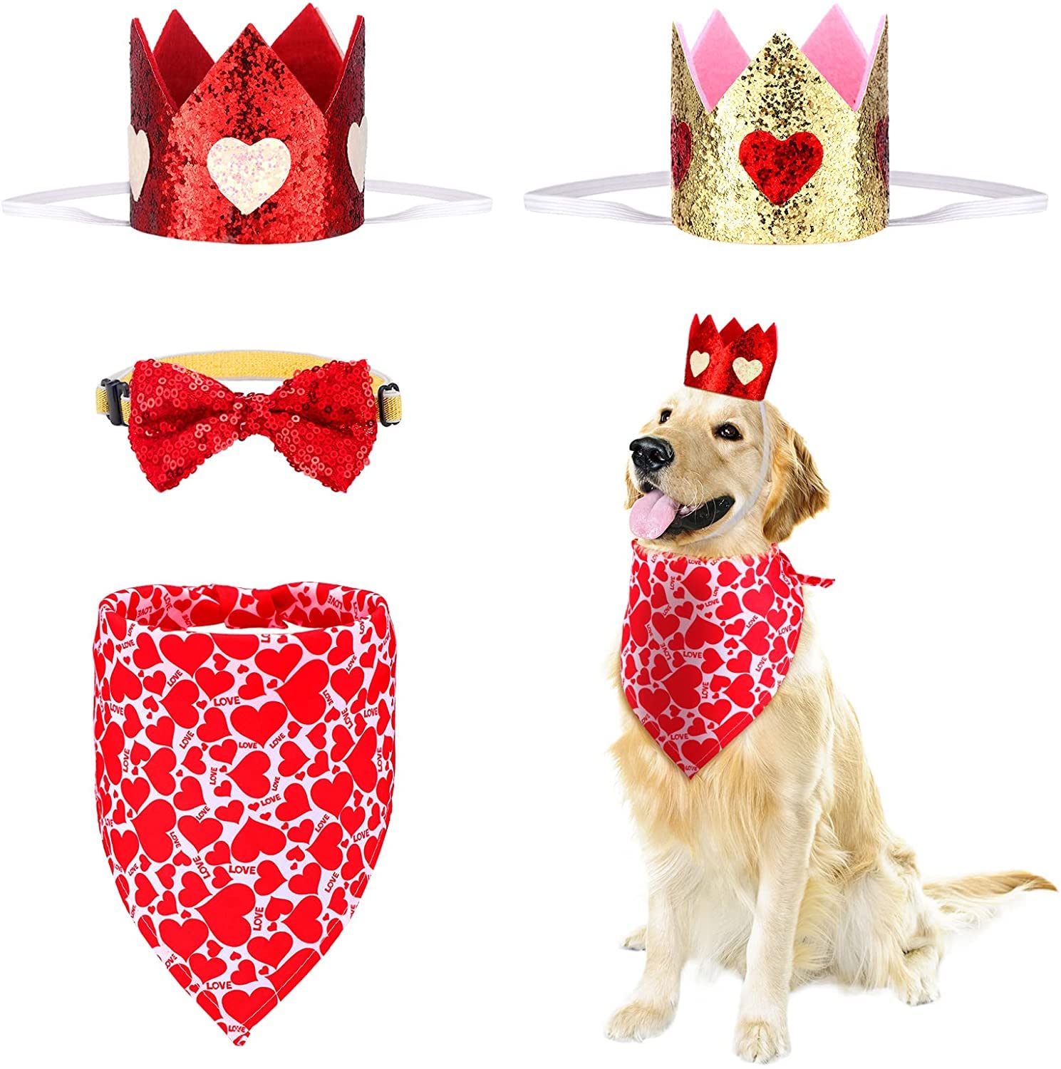 KUTKUT Valentines Day Birthday Dog Pet Hearts Crown Headband and Red Sequin Dog Bowtie Collar Valentines Dog Bandana Pet Triangle Heart Love Bibs Scarfs Set for Dog Cat (B0B42KDT81) Amazon Price History, Amazon Price Tracker