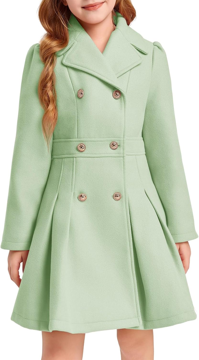 Haloumoning Girls Winter Dress Coat Button Peacoat Notch Lapel Double Breasted Outerwear with Pockets 5-14 Years