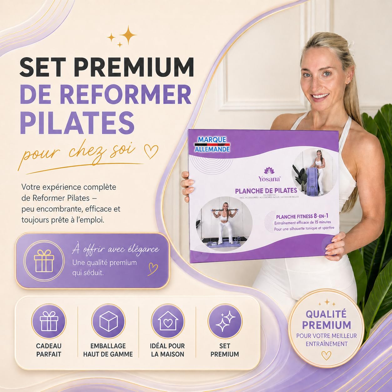 Yosana Planche de Pilates I Reformer pour la maison I Planche de fitness 8 en 1 pliable et portable I Entraîneur abdominal avec coussin pour genoux, bandes de résistance et barre de Pilates I Design