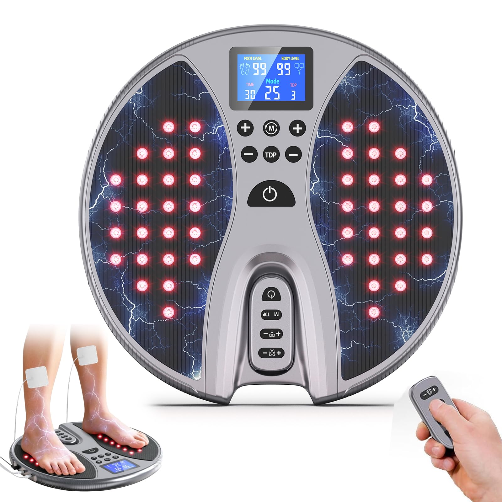 Stimolatore Circolazione per Piedi e Gambe, Massaggiatore Elettrico per Piedi con 4 Elettrodi, 25 Modalità e 99 Livelli di Intensità, Terapie EMS, TENS e Infrarossi, Migliora la Circolazione