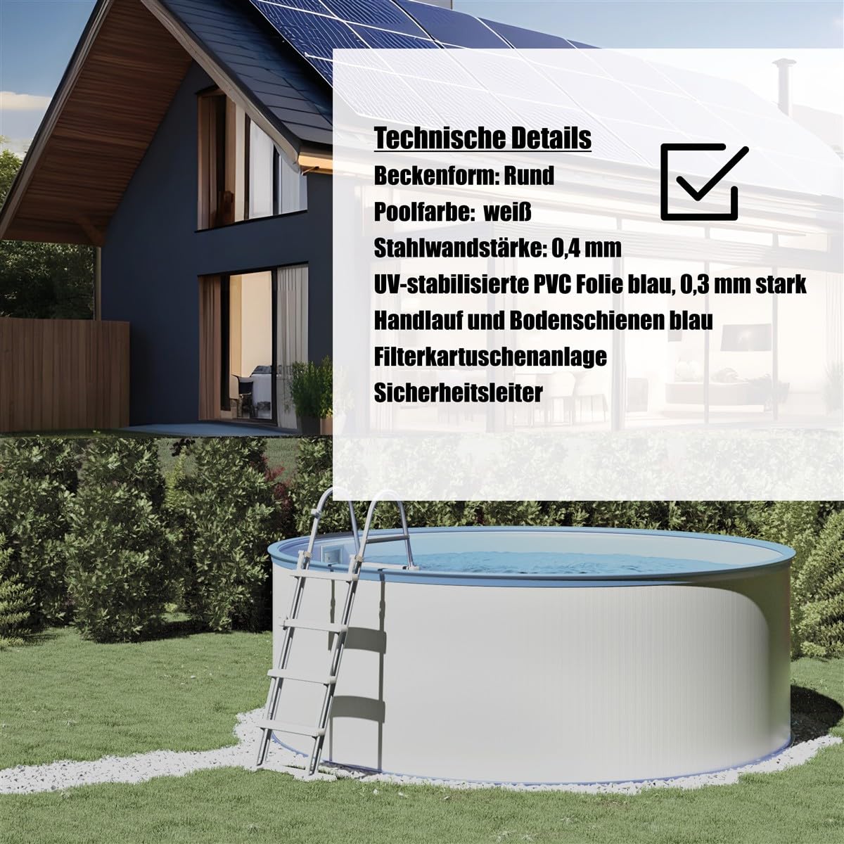 mediPOOL Schwimmbecken-Set Ø 3,50 x 1,20 m, Rundform, weiße Stahlwand, Blaue Innenhülle, Made in Europe, mit Kartuschenfilteranlage und Sicherheitsleiter