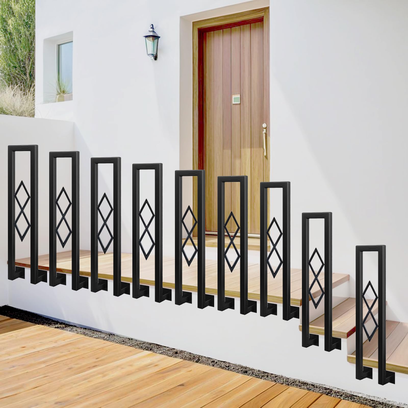 Barandilla de Escalera en Forma de U, Hierro Forjado Pasamanos con Diseño Diamante, Parapeto Interior para Loft, Balcón, Balaustre Exterior, Instalación Lateral (Negro, 110cm)