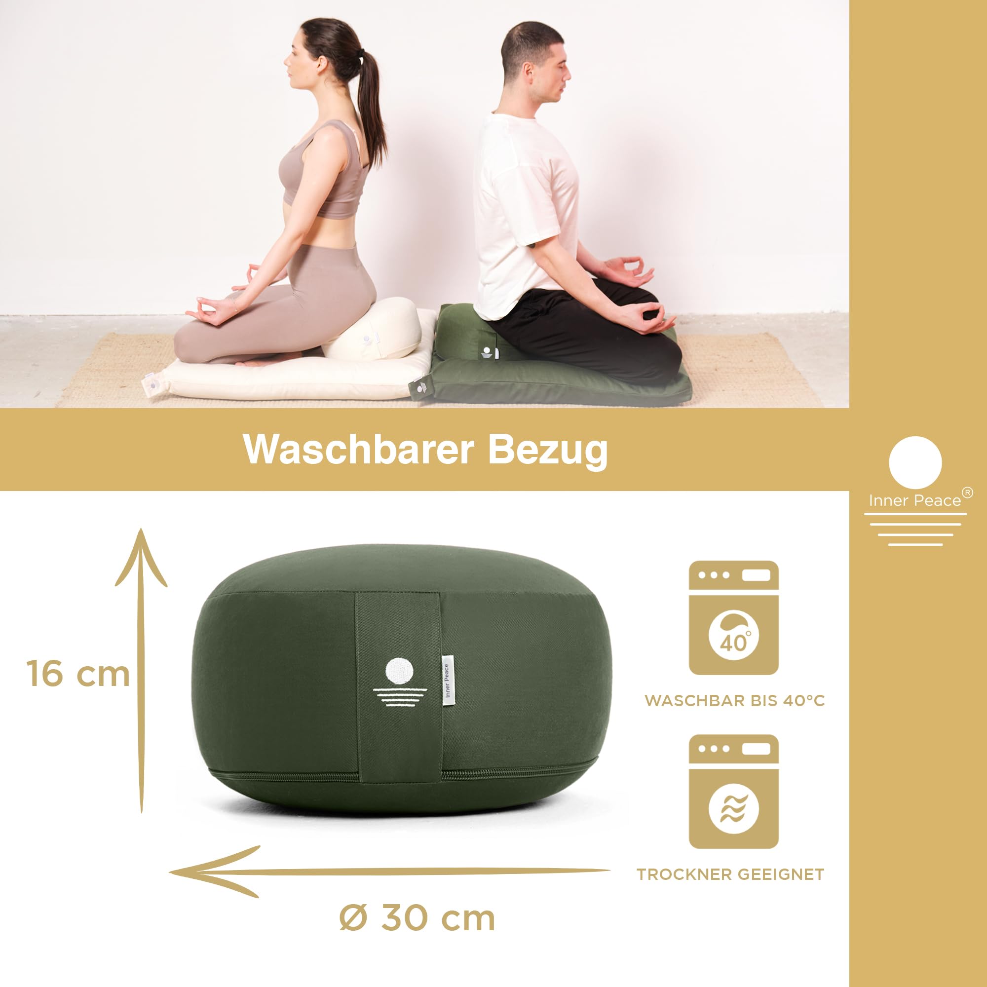 Inner Peace Yogakissen Meditationskissen aus 100% Bio Baumwolle und mit Bio Dinkelfüllung | Yogakissen Rund, Yoga Sitzkissen, Yogakissen Meditationskissen, Sitzkissen Yoga, Meditation Cushion | Meditationskissen rund, höhenverstellbar, Yoga Sitzkissen, wa