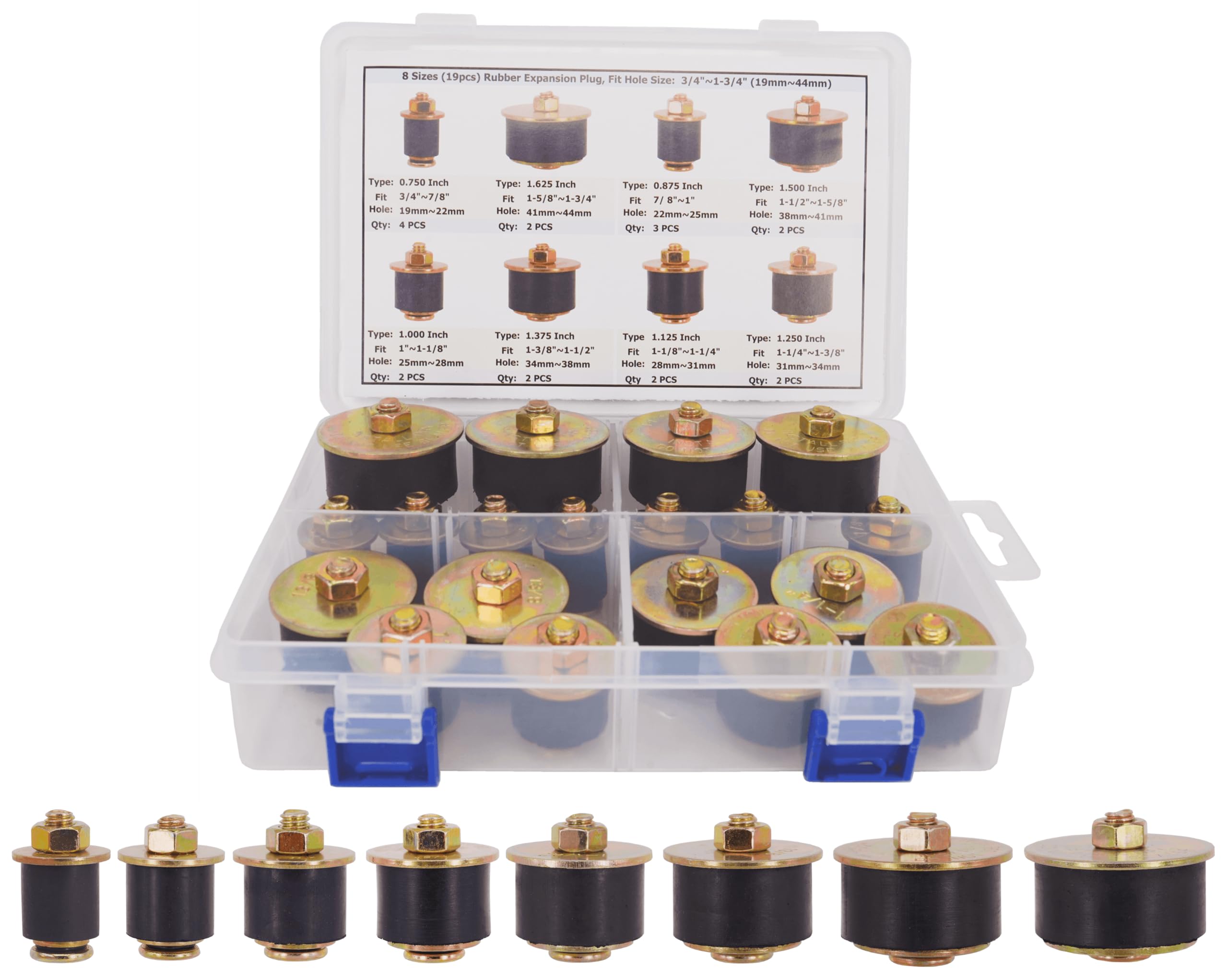 Dsnaduo 8 Sizes (19pcs) Neoprene Rubber Expansion Plug 3/4" 7/8" 1" 1-1/8" 1-1/4" 1-3/8" 1-1/2" 1-5/8", Automotive Rubber Freeze Frost Plug Fit Hole