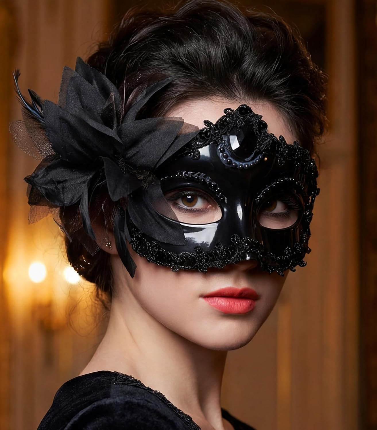 Black Masquerade Mask, Venetian Antifaz for Parties, Flower Lace Elegant Party Costume Accessories