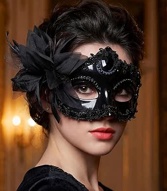 Black Venetian Lace Masquerade Mask with Flower Pattern for Parties