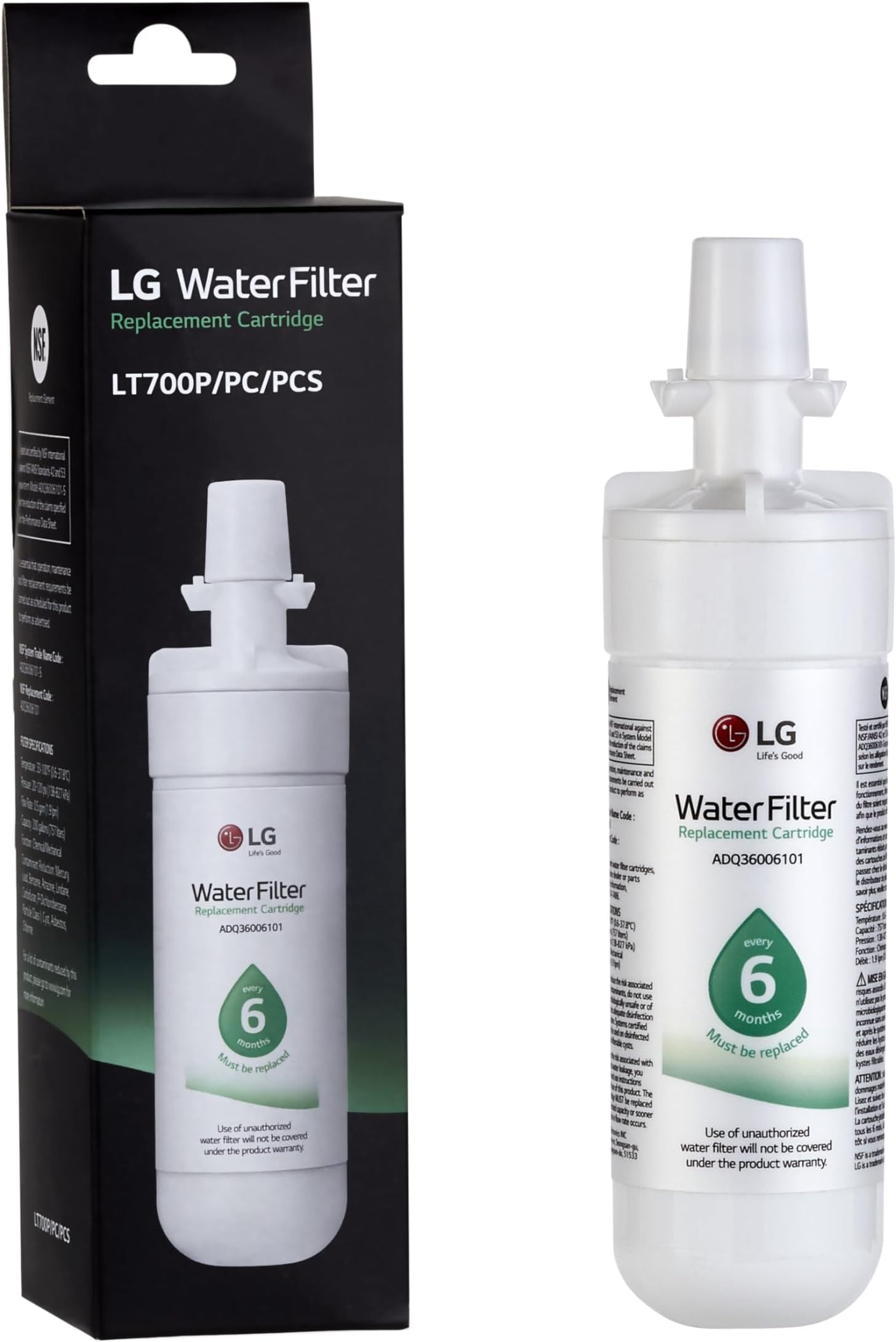 LG LT700P- 6 Month / 200 Gallon Capacity Replacement Refrigerator Water Filter (NSF42 and NSF53) ADQ36006101, ADQ36006113, ADQ75795103, or AGF80300702 , White , Single
