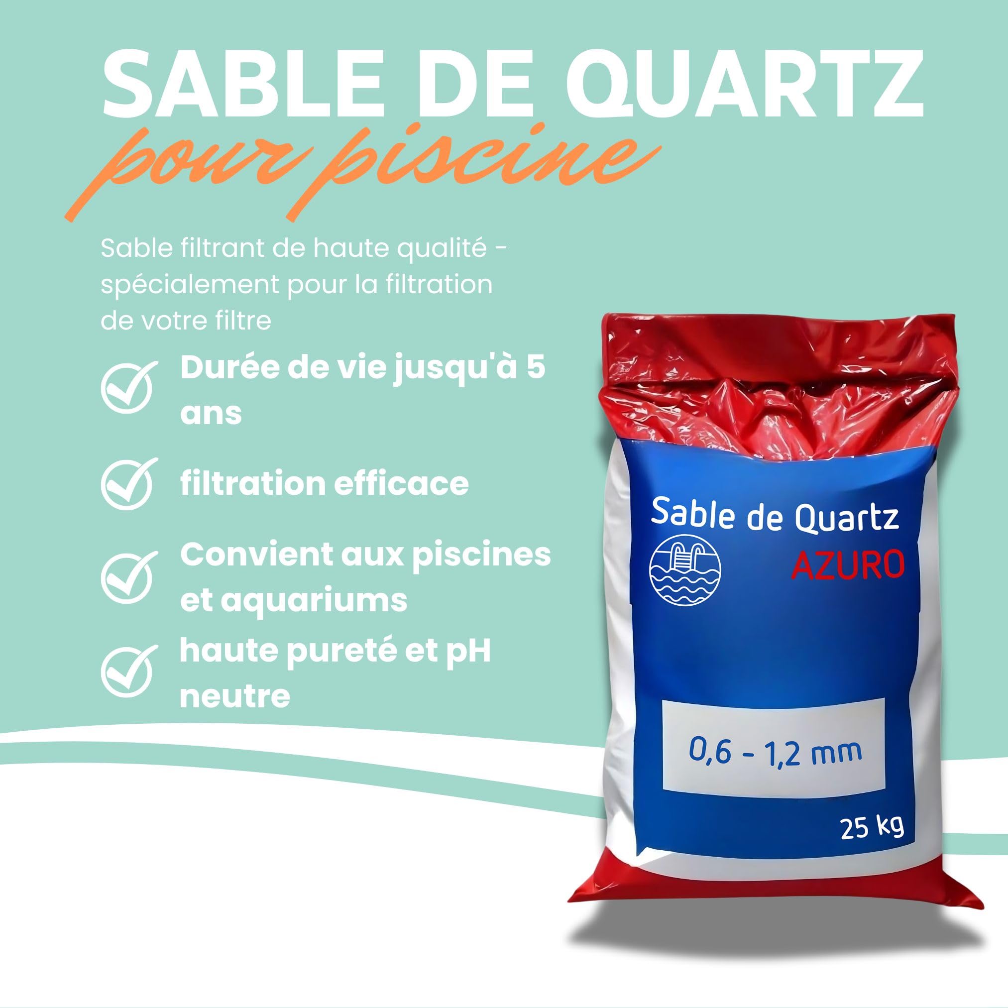 poolomio Sable filtrant Piscine Filtre à Sable 25 kg | Sable de Quartz Azuro de Haute qualité, Filtre à Sable, Filtre de Piscine | 0,6-1,2 mm de granulométrie pour Une Eau de Piscine limpide