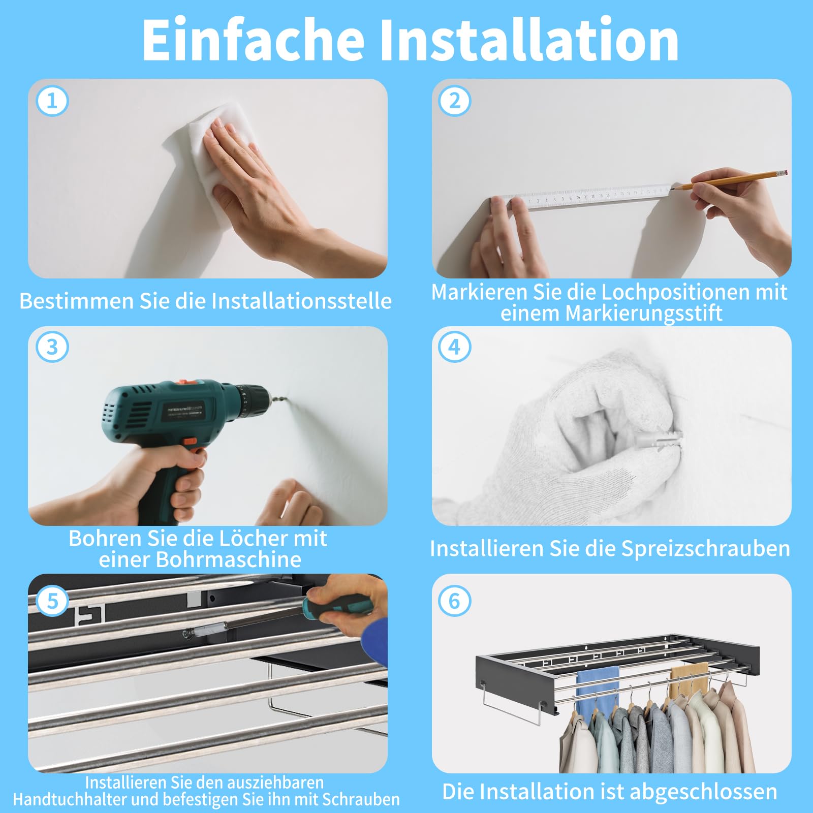 OUUTMEE Wandmontierter Wäschetrockner mit 80 cm Langen Stäben 5 Aufhängelinien Klappbarer Wäschetrockner für den Innen- und Außenbereich im Badezimmer (Schwarz)