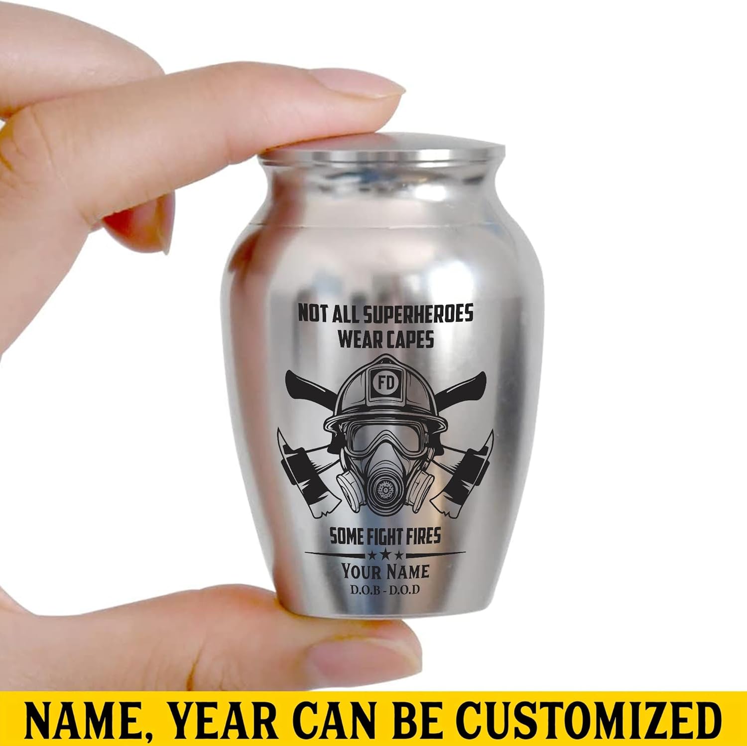 Artsy Woodsy Personalized Fireman Mini Urns Stainless Steel, Decorative Keepsake Urns with Fire Fighter Design 2.56 inch, Funeral Memorial Urns for Adult Male Female Human Ashes (Silver, 2.56, 04)