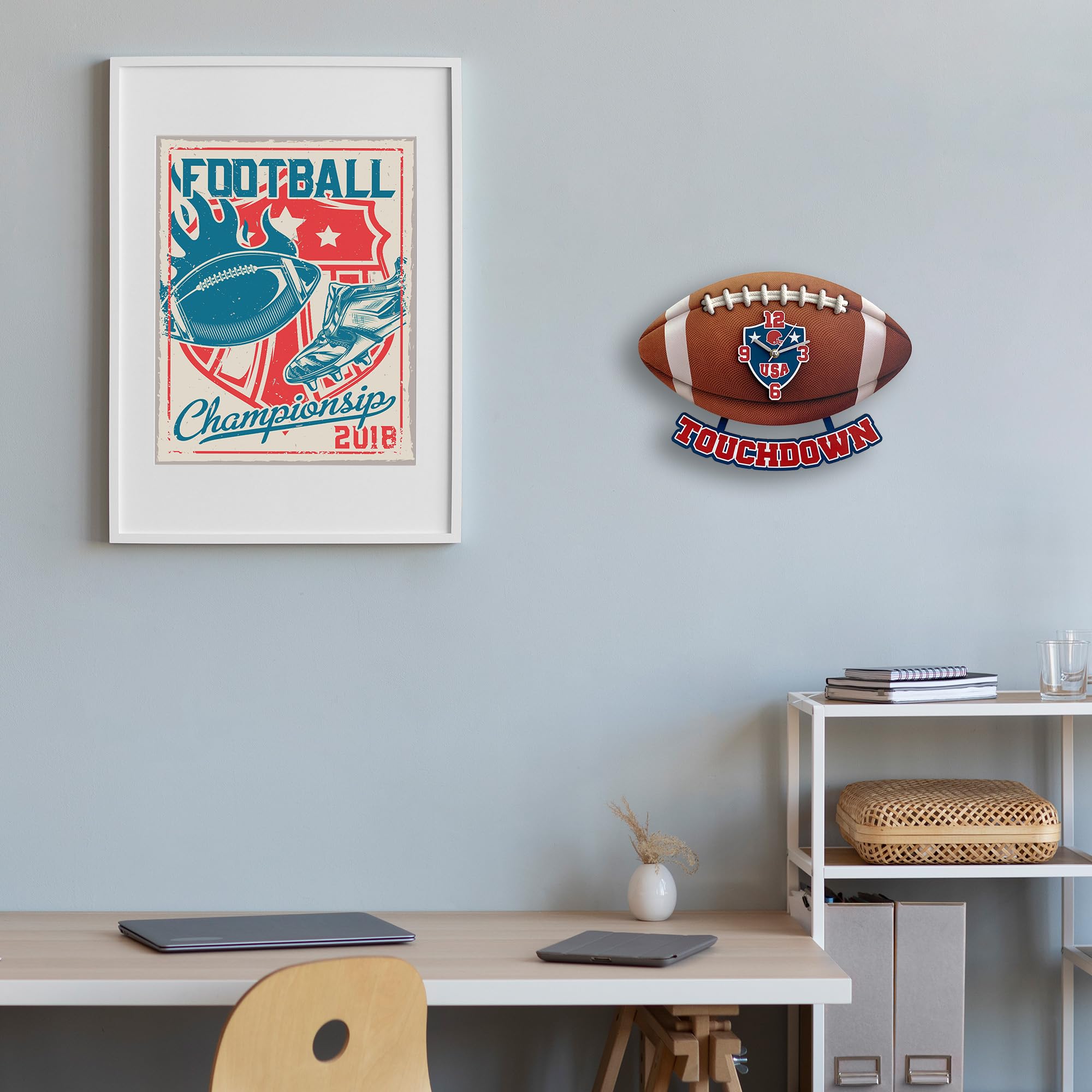 goodtime Futbol amerykański 3D zegar ścienny cichy nietykający z wahadłem, nowoczesna dekoracja ścienna do futbolu amerykańskiego pasjonatów pokoju 25 cm analogowy zegar ścienny na prezent dekoracja