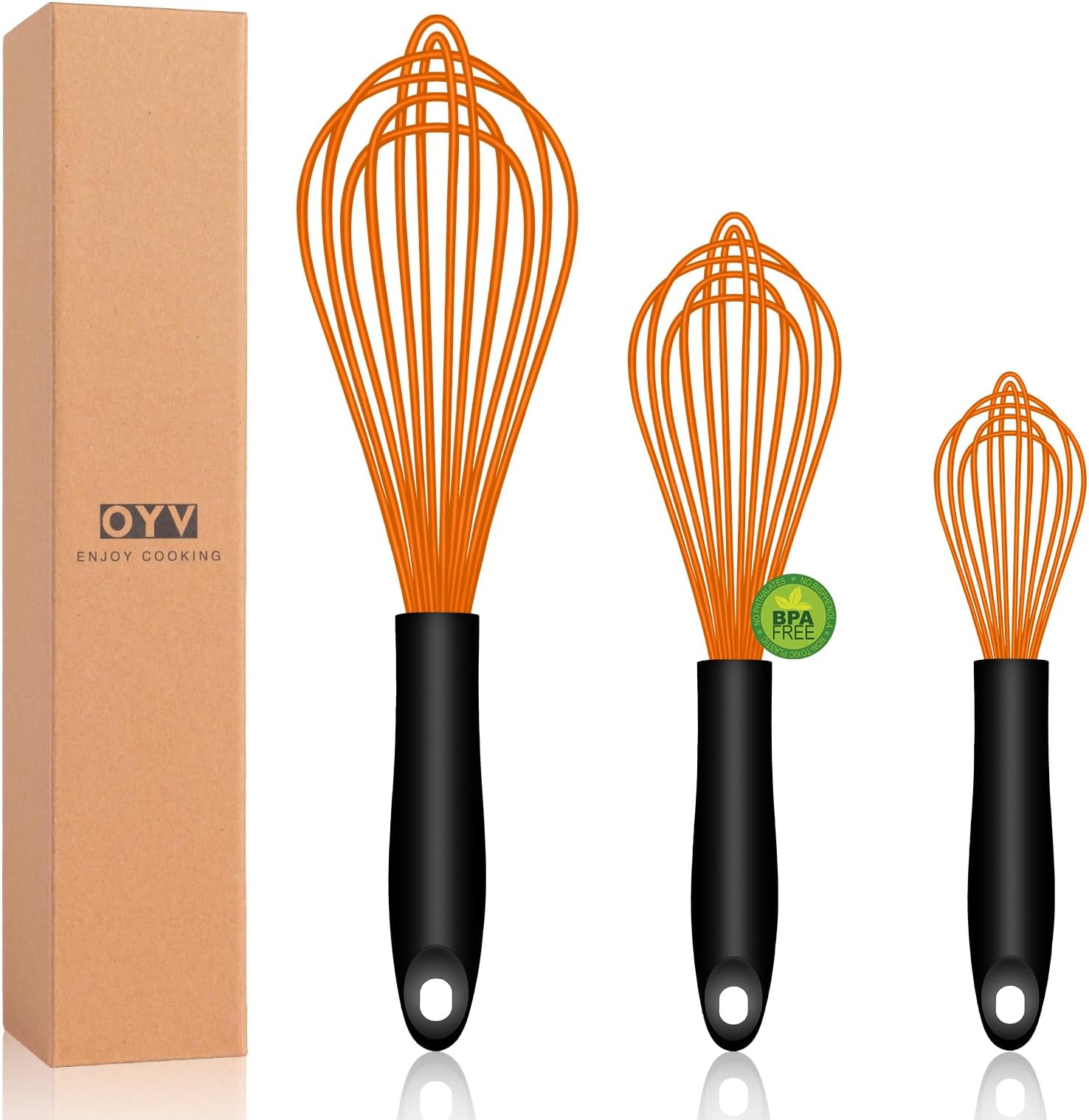 OYV Dishwasher Safe Orange Silicone Whisk, Sealed Waterproof Design Set of 3, Professional Kitchen Whisks for Cooking Non-Scratch, Silicone&Stainless Steel Whisk, Heat Resistant Plastic wisk, BPA free