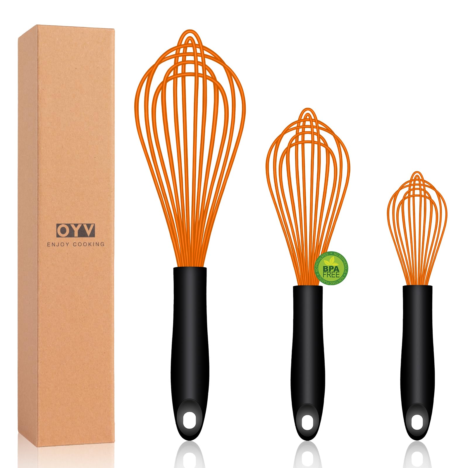 Dishwasher Safe Orange Silicone Whisk, Sealed Waterproof Design Set of 3, Professional Kitchen Whisks for Cooking Non-Scratch, Silicone&Stainless Steel Whisk, Heat Resistant Plastic wisk, BPA free