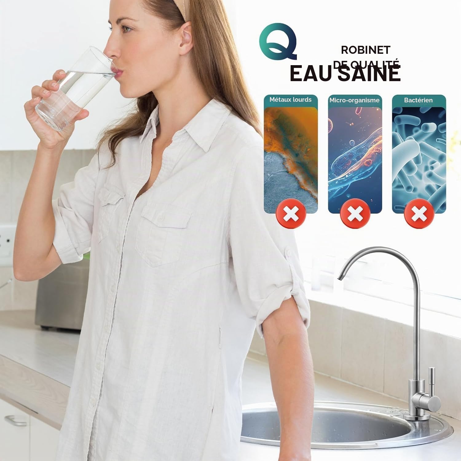 Robinet de Filtre à Eau Inox 1/4", 360° Pivotant pour Osmose Inverse Sous Évier