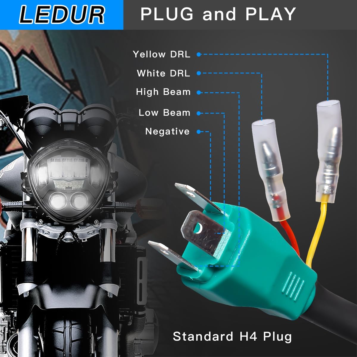 LEDUR 7 Inch Motorcycle Headlight With DRL Red Demon Eye Mount Bracket Hi/Low Beam Side Mount Headlight for H-arley Kawasaki Suzuki Yamaha Honda Cafe Racer Bobber Chopper Street Tracker Scrambler